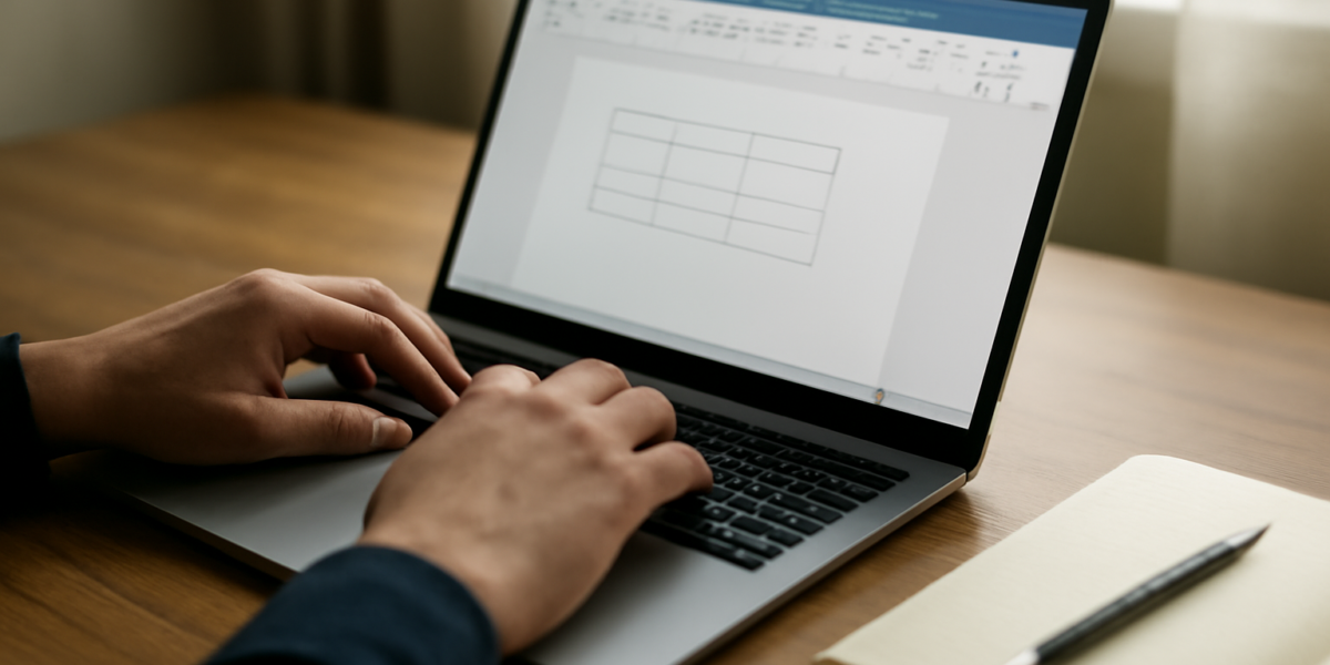 Tangan sedang membuat tabel di dokumen Word pada laptop di meja kerja