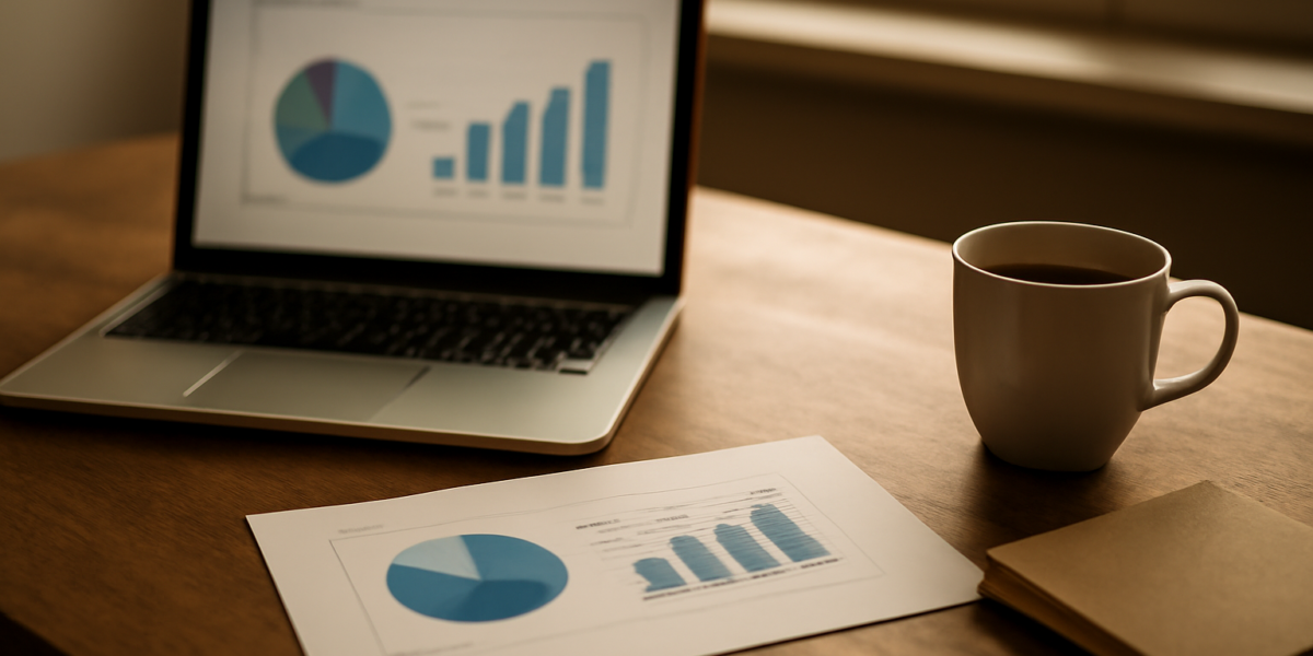 Laptop menampilkan slide presentasi di meja kantor dengan catatan dan kopi